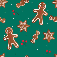 Fototapeta na wymiar Gingerbread pattern. Festive background with cookies, Christmas tree, candies, gift box. Vector illustration in flat style