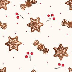 Gingerbread pattern. Festive background with cookies, Christmas tree, candies, gift box. Vector illustration in flat style