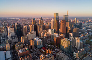 Top View of Downtown Skyline Philadelphia USA. Beautiful Sunset Skyline of Philadelphia City Center, Pennsylvania. Business Financial District and Skyscrapers in Background.
