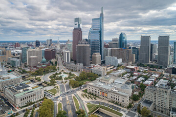 Top View of Downtown Skyline Philadelphia USA and City Hall. Philadelphia City Center, Pennsylvania. Business Financial District and Skyscrapers in Background. - obrazy, fototapety, plakaty