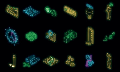 Problem solving icons set. Isometric set of problem solving vector icons neon color on black
