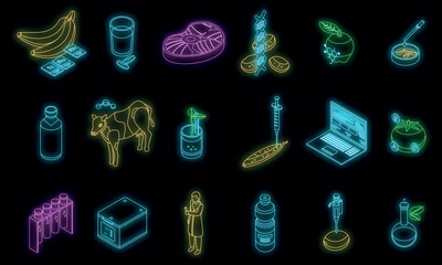 Gmo food icons set. Isometric set of gmo food vector icons neon color on black