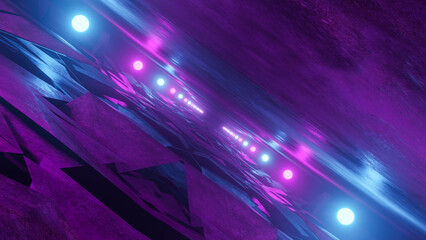 Landscape with concrete tunnel in smoke illuminated by blue and purple neon spheres, futuristic digitally world. Space station technological space background. 3d rendering modern design.