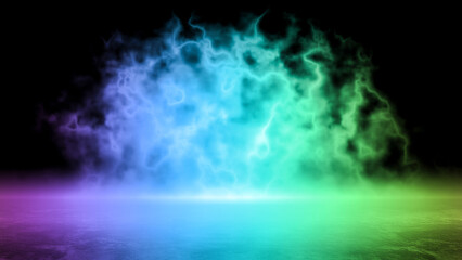 Obraz na płótnie Canvas Abstract smoke over the asphalt illuminated by multicolored neon lights, futuristic conceptual world. Background with street, asphalt, fluorescence, glow, space, elements. 3d render art modern design.