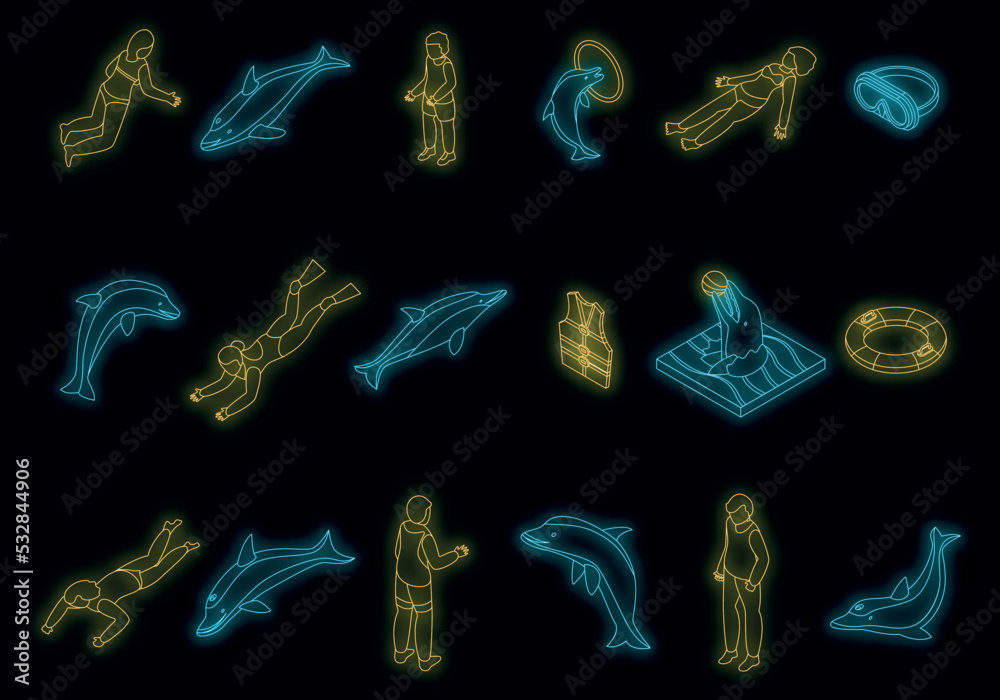 Wall mural Swim with dolphins icons set. Isometric set of swim with dolphins vector icons neon color on black - Wall murals