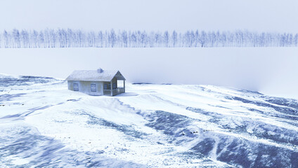 Winter house in a winter mountain landscape. 3d illustration