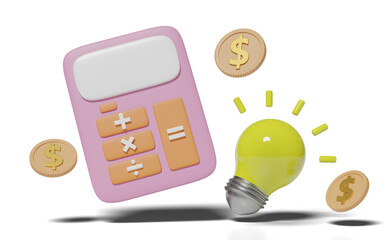 3d pink calculator icon with money dollar coin for accounting finance, yellow light bulb isolated. screen template minimal, saving money, idea tip concept, 3d render illustration