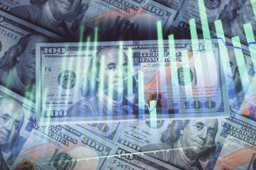 Fototapeta premium Multi exposure of forex chart drawing over us dollars bill background. Concept of financial success markets.