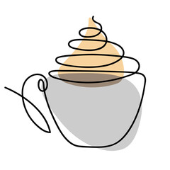 Continuous one line drawing hot drink cup. White cup of Creamy drink. Foamy whipped coffee with milk. Sketch Vector isolated. Drinks Advertising for cafe menu, party decor, beverage template.