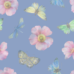 Seamless pattern of butterflies dragonflies and flowers.