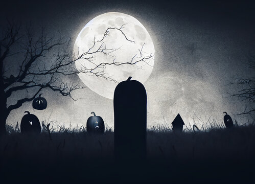 Skyline of a cemetery on Halloween night, with grave, scary pumpkin and horror atmosphere, 3D render