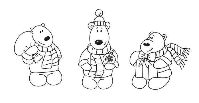 A set of funny northern bears with gifts for Christmas. Bears children's toys sketch.Vector illustration.