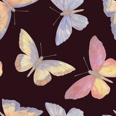 Seamless pattern for design. Colorful watercolor butterflies, abstract background.