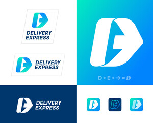 Monogram D and E with arrow. Delivery Express emblem. Logistic icon. Identity, corporate style, app button set.