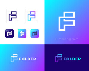 F monogram. Letter F as folded strip. Abstract icon. Identity, corporate style, app button set.