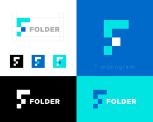 Folder logo. F monogram. Letter F at pixel art. Abstract icon. Identity, corporate style, app button set.