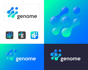 Genome logo. Abstract round shapes like molecules or gene. Blue cells. Identity, corporate style, app button set.