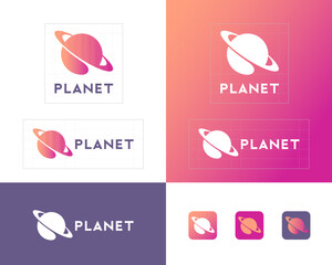 Planet logo. Saturn planet emblem. Sphere with ring. Identity, corporate style, app button set.