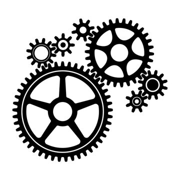 7 Sizes Of Mechanical Cogwheels, Small 8 Teeth, Medium 30 Teeth And Large 45 Teeth. Black Silhouette Gear Icon Design Element. White Background. Vector Illustration.