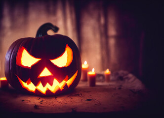 Terrifying lighted Halloween pumpkin with candles and darkness for the Halloween party and to be scared all together, 3D rendering