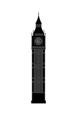 Black Big Ben Tower on a white background. British symbol. Detailed. Travel London. Tourism object. Vector illustration.
