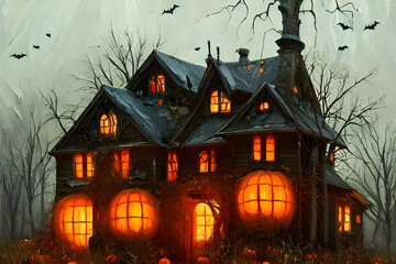 Fototapeta na wymiar haunted house / spook house / ghost house / halloween house with red glowing windows in autumn with trees in background - digtal painting - illustration