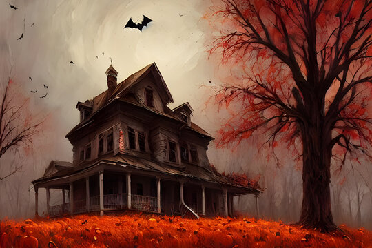 haunted house / spook house / ghost house / halloween house with red glowing windows in autumn with trees in background - digtal painting - illustration