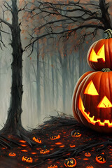 Halloween pumpkin / Jack-o'-lantern / Jack o lantern in a foggy forest with old trees - digital painting - illustration