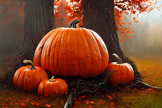 Halloween pumpkin / Jack-o'-lantern / Jack o lantern in a foggy forest with old trees - digital painting - illustration