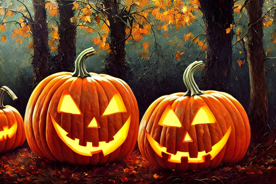 Halloween pumpkin / Jack-o'-lantern / Jack o lantern in a foggy forest with old trees - digital painting - illustration