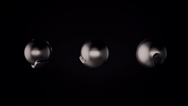 Three sphere shapes in monochrome colours with fractal noise effect. 4K 3D abstract animated background.