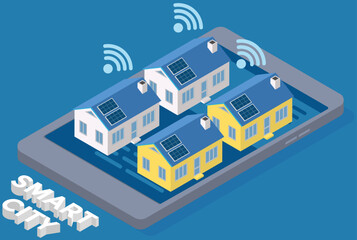 Eco friendly smart home, modern energy saving technology. Renewable sustainable private building with photovoltaic solar panels roof power energy. Family house on urban city street, ecological concept