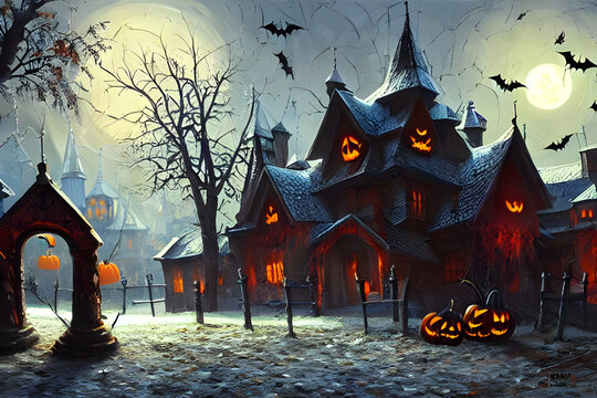 Halloween pumpkins / Jack-o'-lantern / Jack o lantern with houses in background - digital painting - illustration