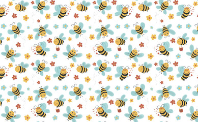 Seamless pattern with flower and flying bees on white background. Cute cartoon print.