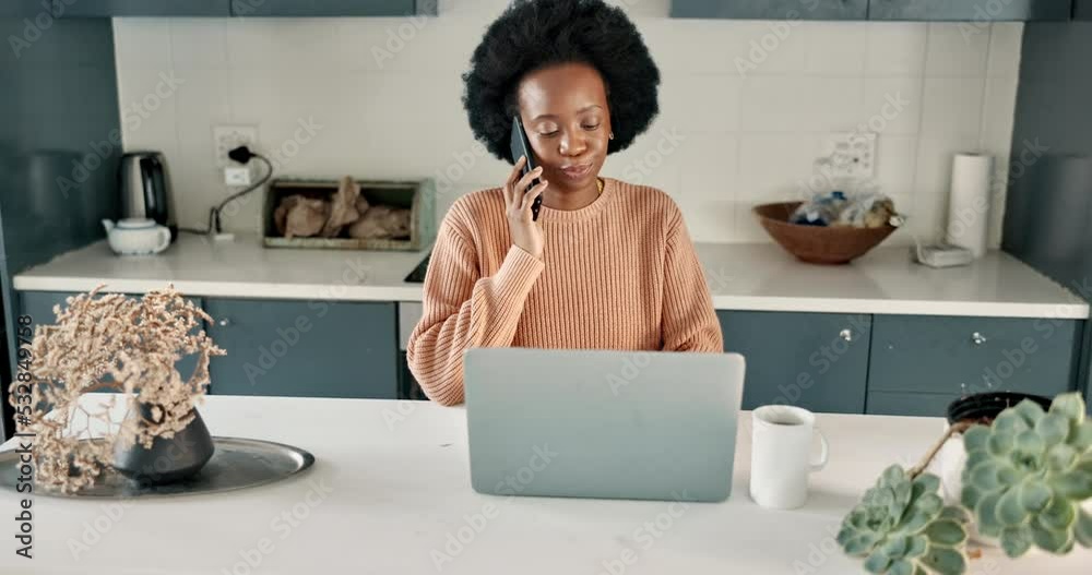 Aufkleber phone call networking, laptop work and black woman planning on technology, communication on the web 