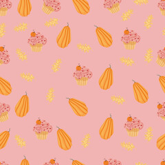 Autumn hand drawn seamless pattern with seasonal elements on pink background. Great for fabric, wallpaper, textile, packaging. Vector illustration.