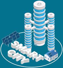 Smart city concept of integrating several information and communication technologies and Internet of things, IoT solutions for city property management. Man-made town-planning interconnected system