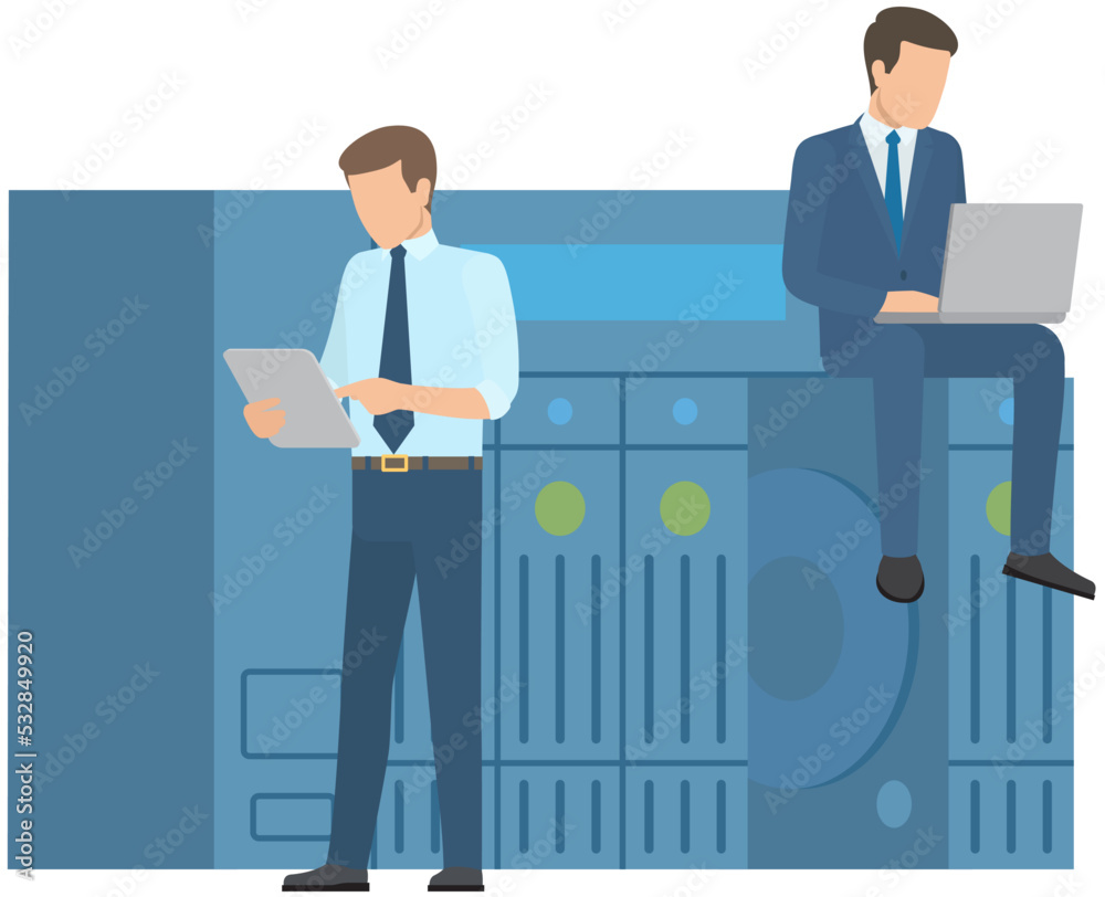 Poster cloud storage technology concept. people stacking folders with information to online storage cell. m