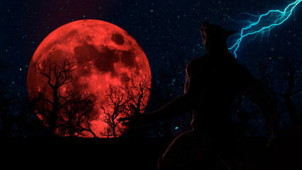 Illustration of a werewolf during the blood moon in the creepy forest