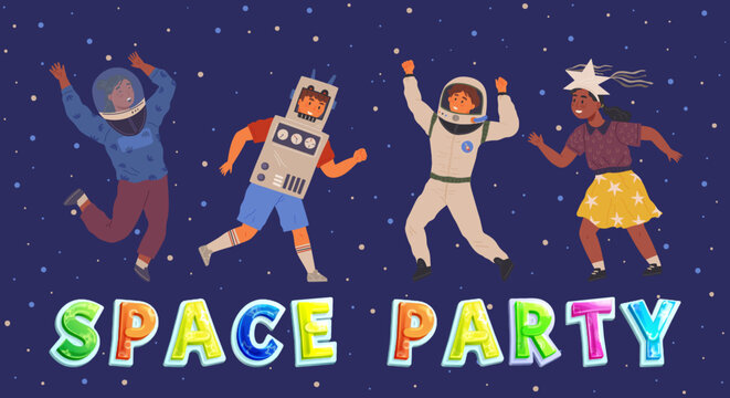 Set of happy people in different costumes for space party. Characters dressed as astronauts, explorers. Outfit for holiday in cosmic style. Men and women in creative self made suits for costume party