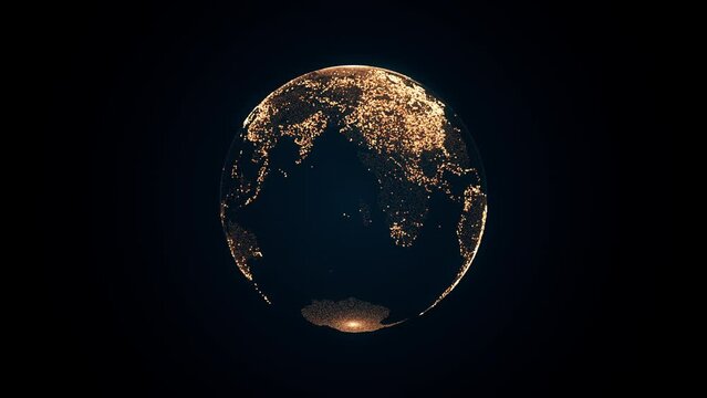 Animation of spinning golden globe of the Earth planet from particulars on dark background, 4K seamless loop earth animated wallpaper