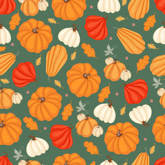 Autumn hand drawn seamless pattern with seasonal elements on green background. Great for fabric, wallpaper, textile, packaging. Vector illustration.