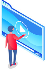 Person turns on player to view lesson or video. Application for watching movie, digital information film vector illustration. Cartoon character selects video, online tutorial on virtual screen - obrazy, fototapety, plakaty