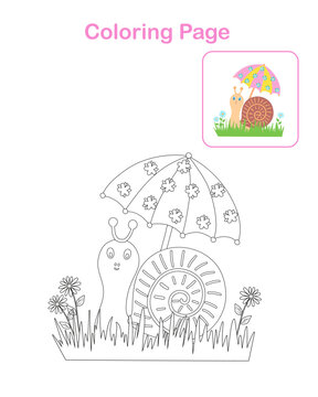 Cute snail with decorated umbrella simple outline cartoon coloring page with a sample image vector illustration, wild animal funny character for kids leisure activity, worksheet