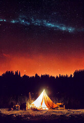 Camping under the stars, tent in the forest