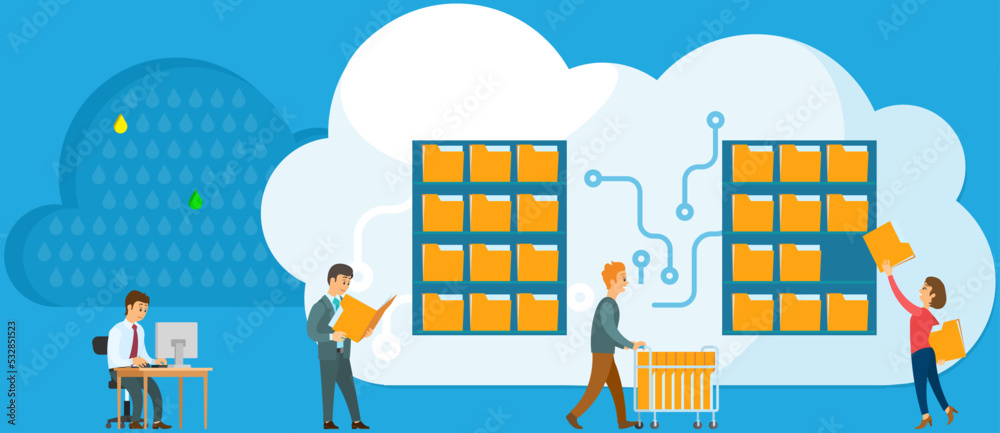 Poster cloud storage technology concept. people stacking folders with information to online storage cell. m