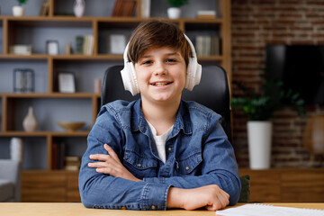 Portrait of schoolboy wearing earphones has online lesson,video call with teacher,answering...