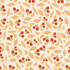 Autumn hand drawn seamless pattern with seasonal elements on white background. Great for fabric, wallpaper, textile, packaging. Vector illustration.