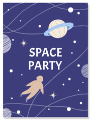 Postcards with atronauts and rockets. Greeting cards or invitations to party in cosmic style. Creative posters with people in cosmonaut costumes. Banners for space party design vector illustration