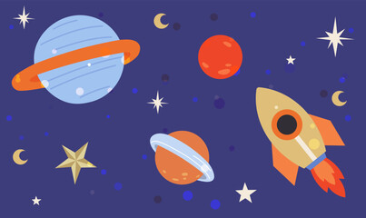 Rocket and planet stickers on blue background. Spaceship flying among celestial objects and stars. Cute astronomical shapes, cosmic design elements. Sky landscape with flying rocket transport
